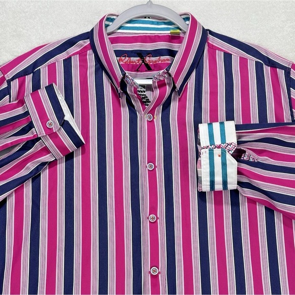 Robert Graham X Shirt Men XL Pink Blue Stripe Flip Cuff Tailored Fit Button-Down - Picture 1 of 9